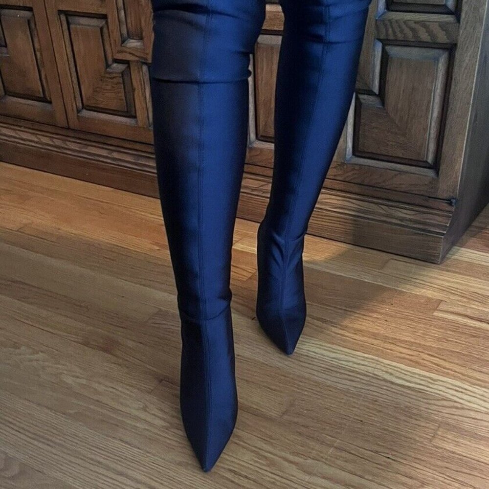 👠 👢 STUART WEITZMAN BLACK STRETCH SATIN HIGH BOOT SIZE 8 - Picture 4 of 16